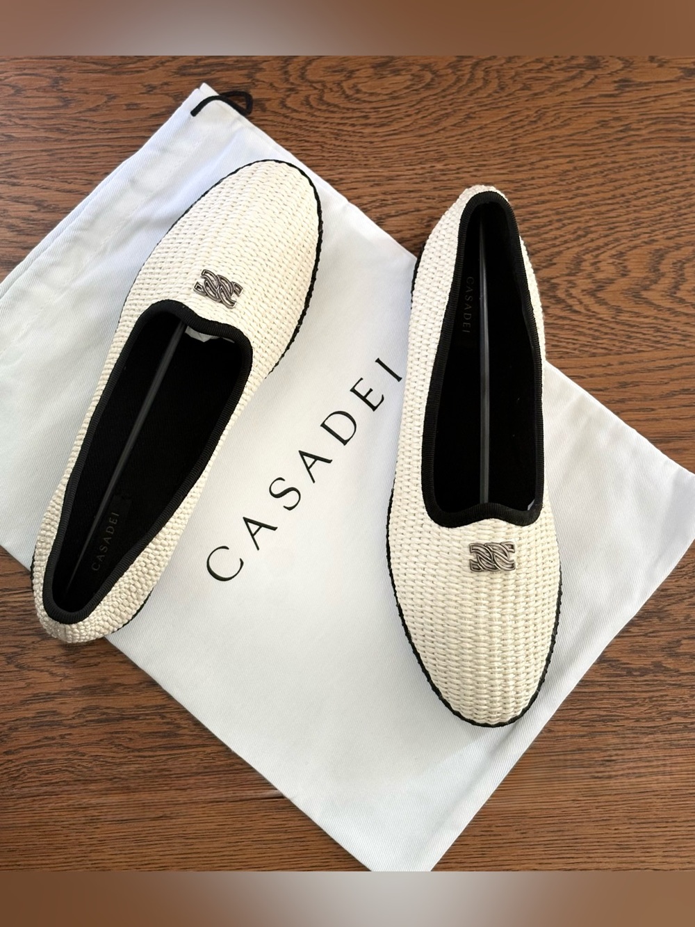 NEW 2025 Casadei Woven Raffia Loafers Flats Ecru Black C-Chain Size 38.5